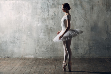 Ballerina female. Young beautiful woman ballet dancer, dressed in professional outfit, pointe shoes and white tutu. © primipil