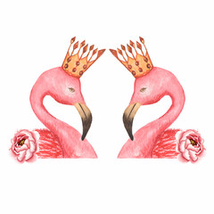 Naklejka premium Flamingo, an exotic bird. Beautiful bird with peony on white background. flomingo and beautiful peonies