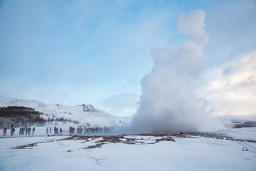 Strokkur erupts in Iceland's winter