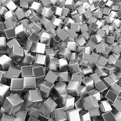 Chrome abstract heap of cubes backdrop. Contrast 3d rendering geometric polygons, as mirror wall. Interior room