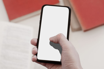 mockup hand holding smartphone with blank screen