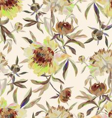 Floral seamless pattern with blossom flowers. Hand drawn peonies, buds and leaves painted with acrylic and gouache. Backdrop for wallpaper, fabric, textile, texture, wrapper or surface.