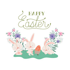 happy easter label with egg and flowers icon