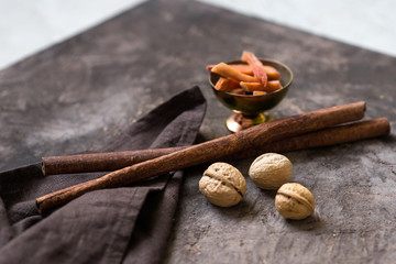 Walnuts, cinnamon and dried fruits