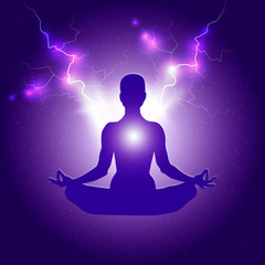 Fototapeta na wymiar Silhouette of Person in yoga lotus asana on dark blue purple starry background with light or lightning bolts