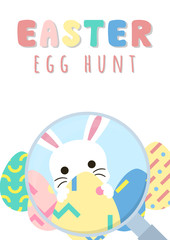 happy easter greeting card, egg hunt template, rabbit behind egg magnifying glass concept, vector illustration