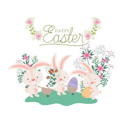 happy easter label with egg and flowers icon