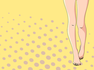 Pop art background. female legs are walking along the beach. Blank for poster. Vector