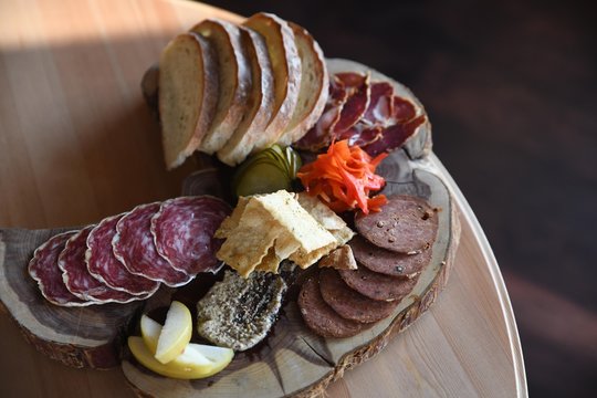 Charcuterie with bread and pickles