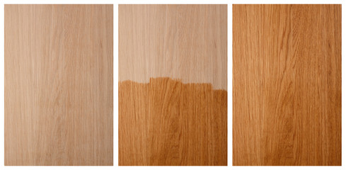 The process of coating a new wooden surface with varnish or oil.  A set of 3 images of the same...