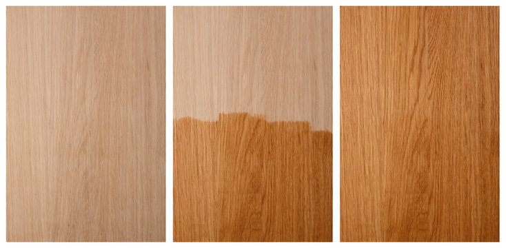 The process of coating a new wooden surface with varnish or oil.  A set of 3 images of the same panel.