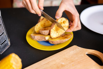chef cook cut baked roasty potato b