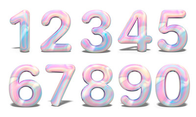 Set with colorful set numbers 3d holographic on white background. Geometric font. Celebration & party. Business card. Metal font. 3d rendering