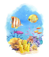 Underwater composition with coral reefs and tropical fish. Hand painted in watercolor.