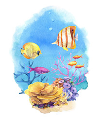 Underwater composition with coral reefs and tropical fish. Hand painted in watercolor. - 249585991