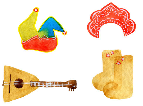 Russian folk for Shrove tuesday hand drawn watercolor. Shrovetide folk carnival russian simbols of coming spring holiday. Felt boots, female red headdress, balalaika, foolscap