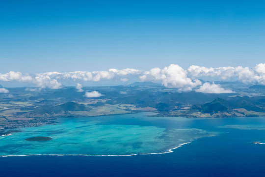 Mauritius, Indian Ocean, Aerial view of East Coast, Mahebourg and Island Ile Aux Aigrettes