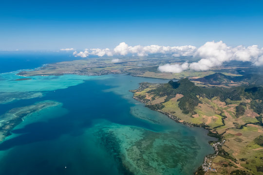 Mauritius, Indian Ocean, Aerial view of East Coast, Mahebourg and Island Ile Aux Aigrettes