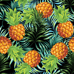 Pineapples are ripe, tropical with palm branches on a black background. Seamless vector pattern.