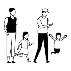Family and kids cartoon black and white