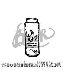 Set of beer objects. Hand drawn illustration. Set of craft beer bottles in ink hand drawn style.