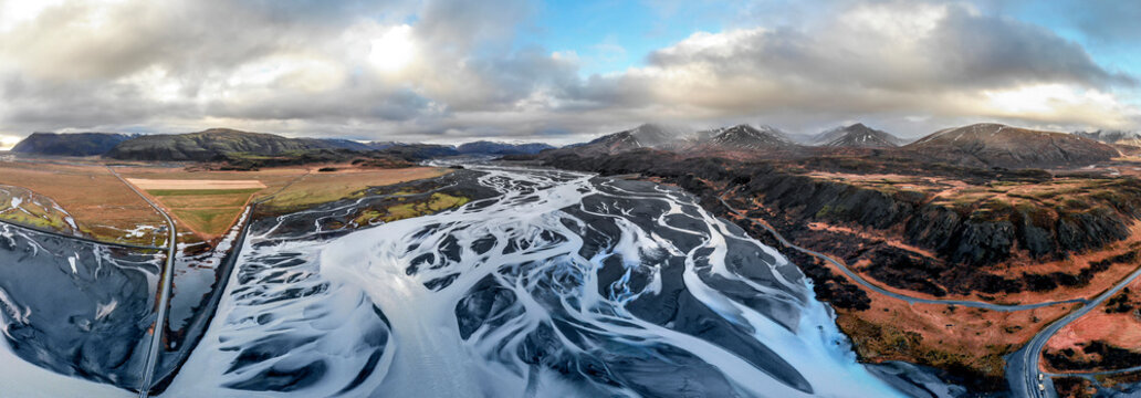 Iceland, Skeidara river, glacier river, panoramic view