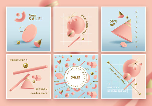 Square Social Media Post Layouts with Pastel 3D Geometric Shapes