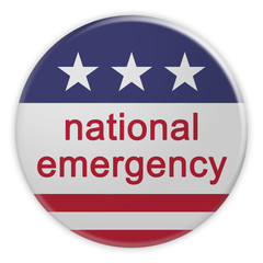 USA Politics News Badge: National Emergency Button With US Flag, 3d illustration Isolated On White Background