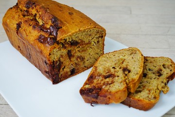 A homemade vegan chocolate banana bread with walnuts
