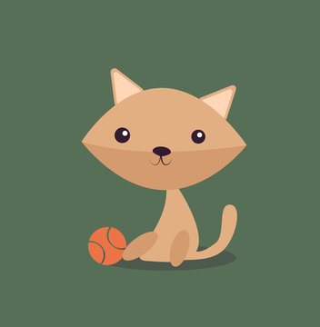 Cartoon picture with home pets, domestic animals, cat, kitty, feline watching, ball . Vector illustration.