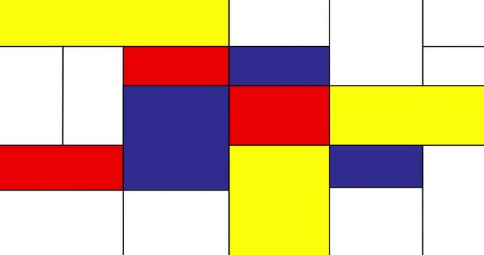 Animation of geometric colorful seamless pattern. Mondrian style.