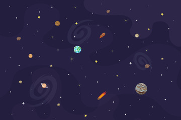 Vector illustration of space, universe. Cute cartoon planets, asteroids, comet, rockets. Kids illustration. - 249593994
