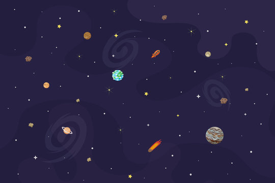 Vector illustration of space, universe. Cute cartoon planets, asteroids, comet, rockets. Kids illustration.