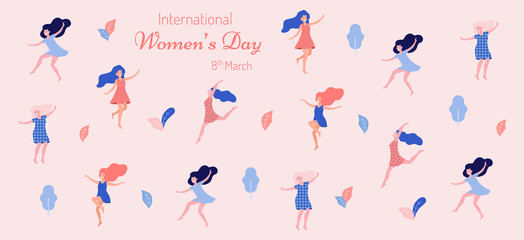 International women's day vector illustration. Beautiful dancing women.