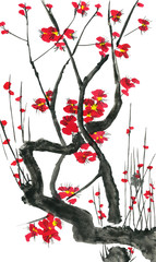 A branch of a blossoming sakura. Pink and red stylized flowers of plum mei and  wild cherry . Watercolor and ink illustration of tree in style sumi-e, go-hua,  u-sin. Oriental traditional painting. .