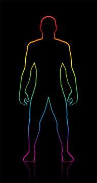 Male body shape of muscular, athletic, young man. Rainbow gradient colored silhouette. Outline vector illustration on black background.