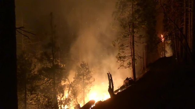 Wide Angle: Firefighters Walking a Trail Above a Raging Fire