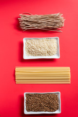 pasta and rice on white background