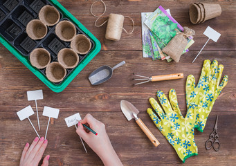 Stages of planting seeds, preparation, woman hands writing the plants names, gardeners tools and...