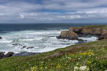 Oregon Coast waves crashing on rocks with landscape