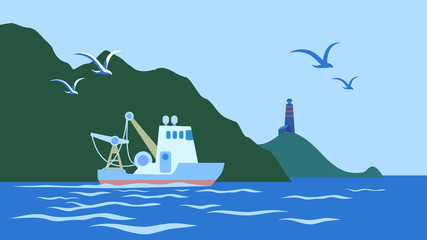 Landscape wich fishing boat, mountain shore and gulls above sea waves. Lighthouse on horizon