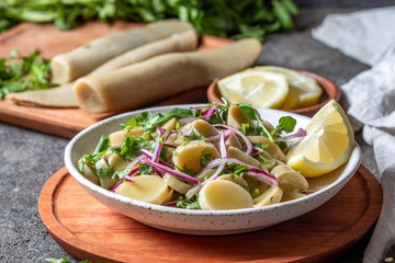 SEAWEED ULTE or HULTE. Chilean ulte salad ceviche with purple onion, coriander and lemon juice. Pacific edible seaweed