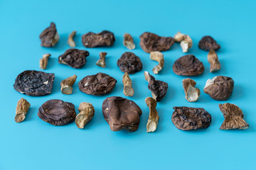 Slices of dry boletus mushrooms isolated on blue background. Dried mushrooms on a blue background. Background blank