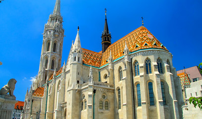 Fototapeta na wymiar Capital of the Hungary Budapest. Hungarian architecture. Catholic St. Matthias Church in Gothic style, Buda hill, Europe 
