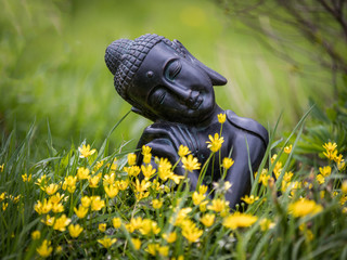 Black resting buddha statue in a garden
