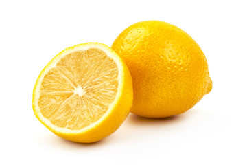 Lemon Citrus Fruit with Ripe Juicy slice, closse-up, isolated on white background - obrazy, fototapety, plakaty
