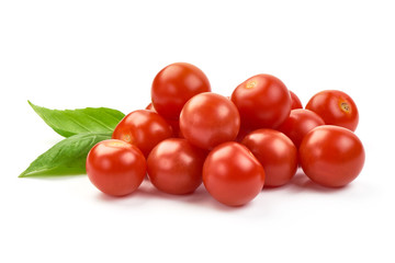 Fresh cherry tomatoes with basil, close-up, isolated on white background