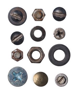 Sset of various old rusty metal rivet and screw heads with nuts