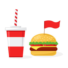 Holiday fast food. Cup of cola with cheeseburger. Vector illustration