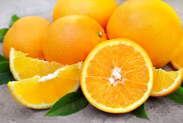 Naklejka na ściany i meble Fresh ripe sweet orange citrus fruits colorful background, summer juicy harvest